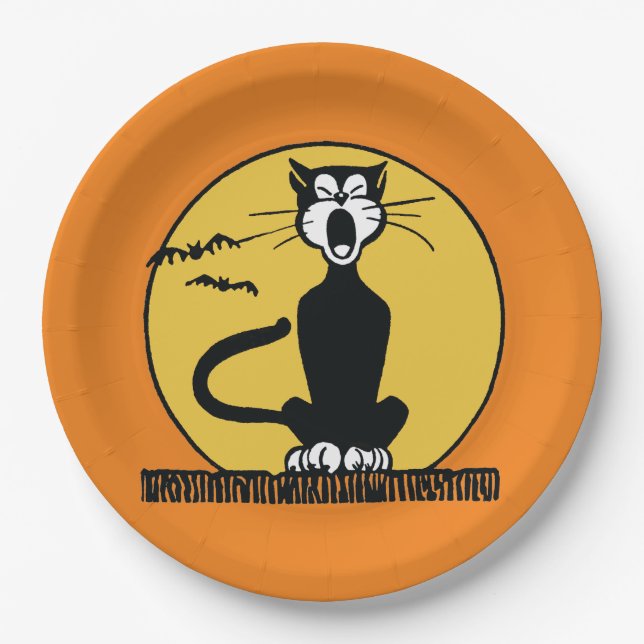 Assiettes En Carton Rétro plat de chat d'hurlement Halloween (Devant)