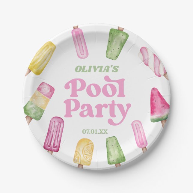 Assiettes En Carton Retro Popsicle fête d'anniversaire de la piscine (Devant)