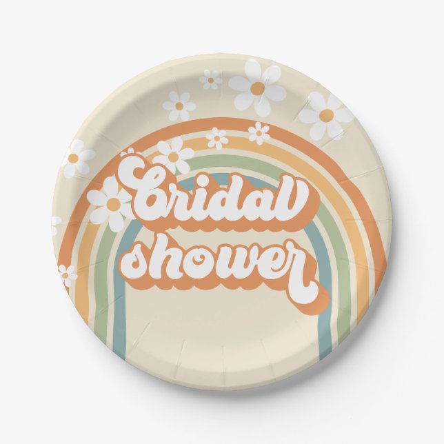Assiettes En Carton Retro Rainbow Daisy Super douche nuptiale (Devant)