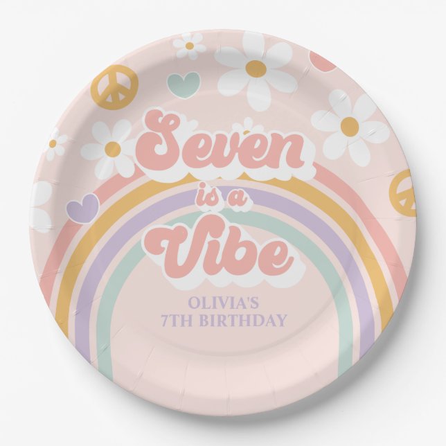 Assiettes En Carton Retro Rainbow Seven est une Vibe 7e anniversaire (Devant)