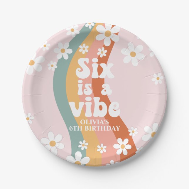 Assiettes En Carton Retro Rainbow Six est un Vibe Daisy 6e anniversair (Devant)