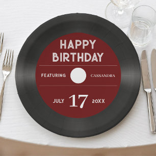 Assiettes En Carton Retro Red Vinyl Record Noir Bonne fête d'anniversa
