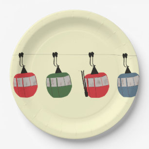 Assiettes En Carton Rétro Ski Gondola Ascenseur Skieurs Creme
