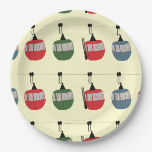 Assiettes En Carton Rétro Ski Gondola Ascenseur Skieurs Creme