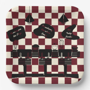 Assiettes En Carton Retro Soda Fountain Shop Carrés rouges