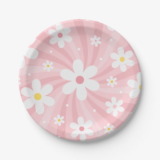 Assiettes En Carton Retro Super rose soleil marguerite florale hippie (Devant)