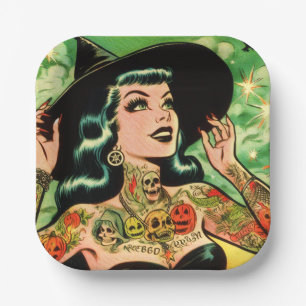 Assiettes En Carton Retro Tattoed Witch Comic