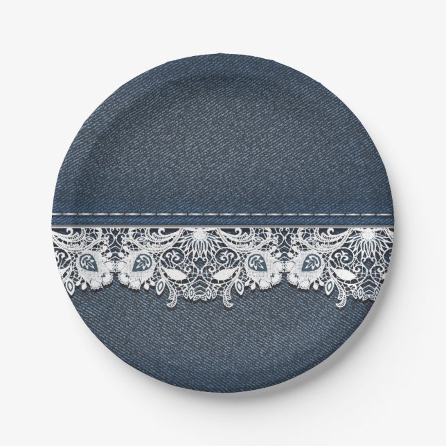 Assiettes En Carton Rétro texture de dentelle et de denim (Devant)
