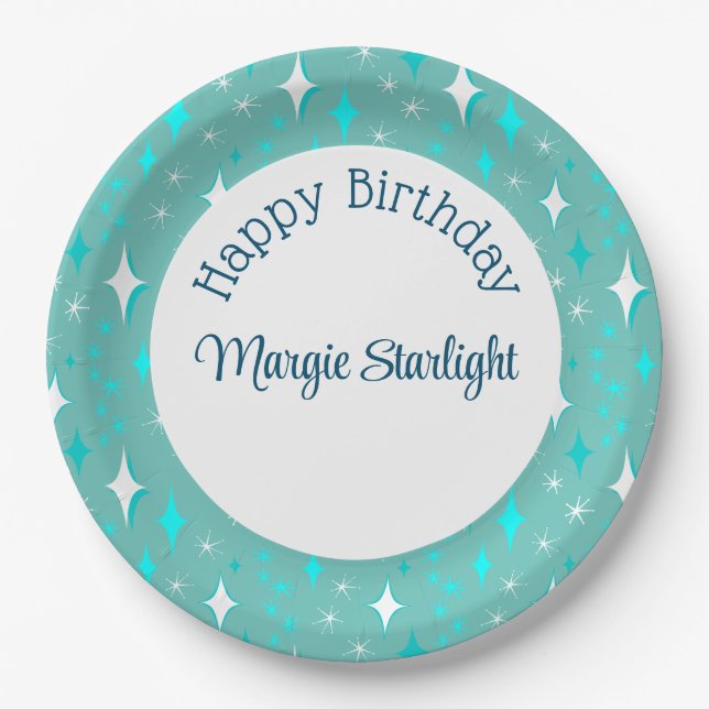 Assiettes En Carton Retro Turquoise White Atomic Stars Motif modifiabl (Devant)