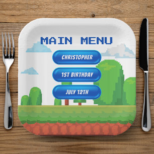 Assiettes En Carton Retro Video Game Menu 1ère fête d'anniversaire