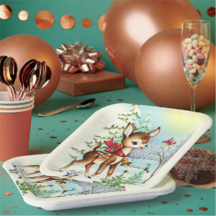 Assiettes En Carton Retro vintage Noël cerf Fête de Noël