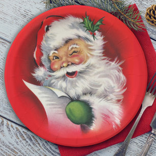 Assiettes En Carton Retro Winking Père Noël Vérifie Sa Liste