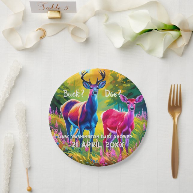Assiettes En Carton Révélation de genre des cerfs roses et bleus (Mariage)