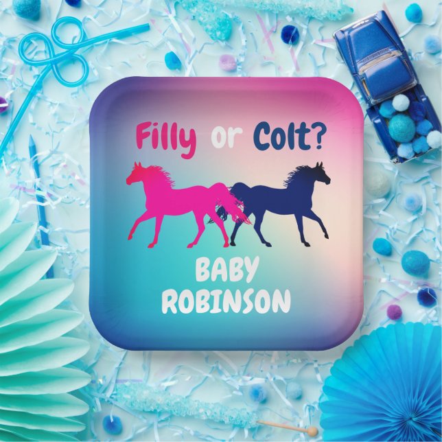 Assiettes En Carton Révélation de genre rose et bleu Filly ou Colt (Fête)