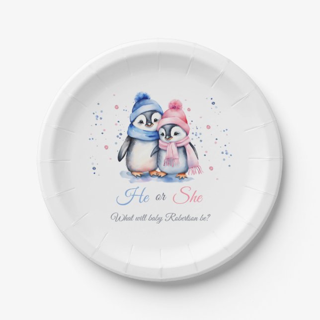 Assiettes En Carton Révéler le genre de pingouin Baby shower d'hiver (Devant)