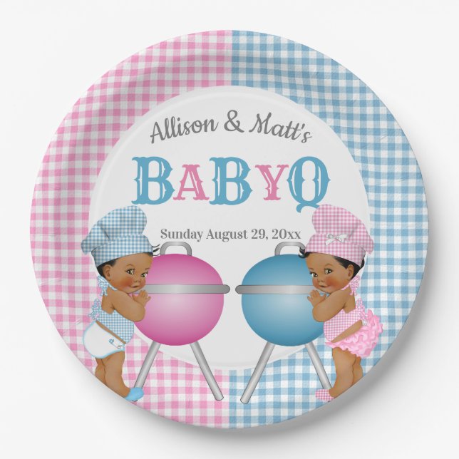 Assiettes En Carton Révéler le genre Pink Blue En vichy bébé Q BBQ (Devant)
