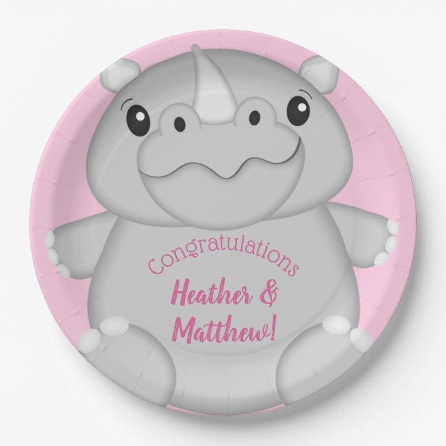 Assiettes En Carton Rhino Baby shower rose (Devant)