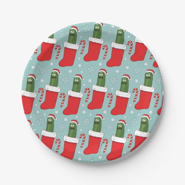 Assiettes En Carton Rick et Morty | Motif de Noël Pickle Rick (Devant)