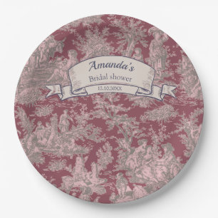 Assiettes En Carton Rideau de douche vintage toile de Jouy rouge rose