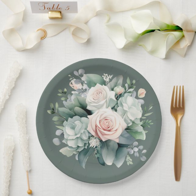 Assiettes En Carton Rivière Rocheuse Deep Green Blush Roses Rose Douch (Mariage)