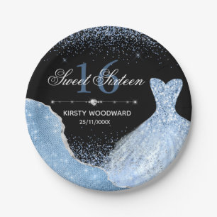 Assiettes En Carton Robe bleu clair Aquarelle Douce 16 Anniversaire