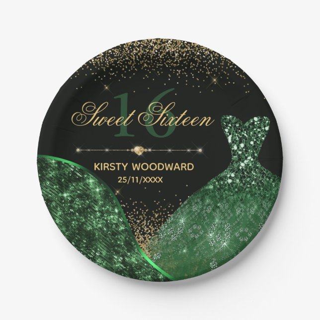 Assiettes En Carton Robe d'aquarelle vert foncé et glam Wave Sweet 16 (Devant)