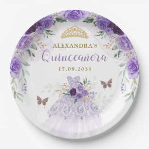 Assiettes En Carton Robe de Quinceanera d'or pourpre Papillons d'anniv