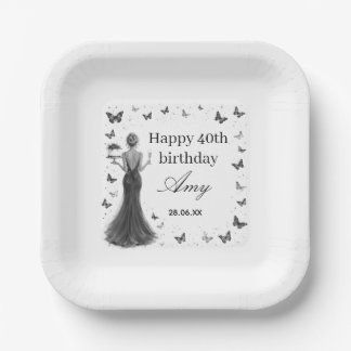 Assiettes En Carton robe élégante noire et blanche papillons 40 ans