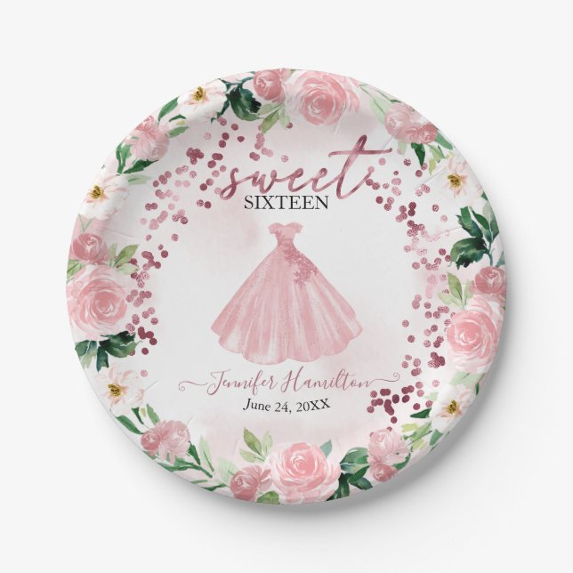 Assiettes En Carton Robe Florale Sweet 16 Rose Gold Blush (Devant)