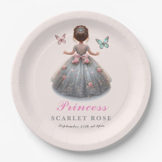 Assiettes En Carton Robe princesse en argent rose Fête d'anniversaire  (Devant)