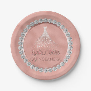 Assiettes En Carton Robe rose Quinceanera d'étincelle de diamants d'o
