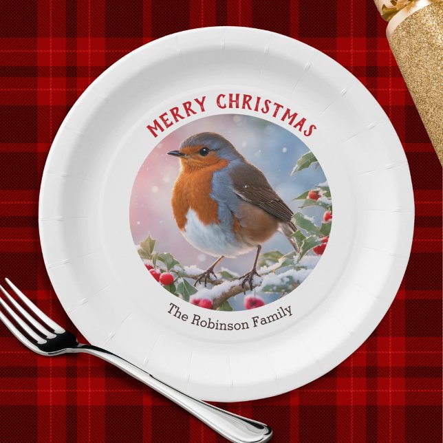 Assiettes En Carton Robin d'hiver Festif jolie aquarelle Noël (A personalized festive paper plate with Merry Christmas greeting and winter robin illustration)