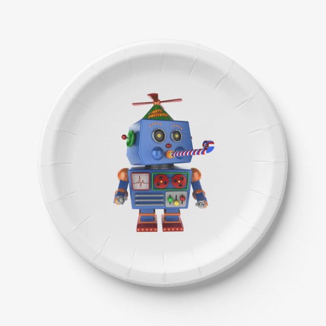 Assiettes En Carton Robot bleu de jouet de fête d'anniversaire (Devant)