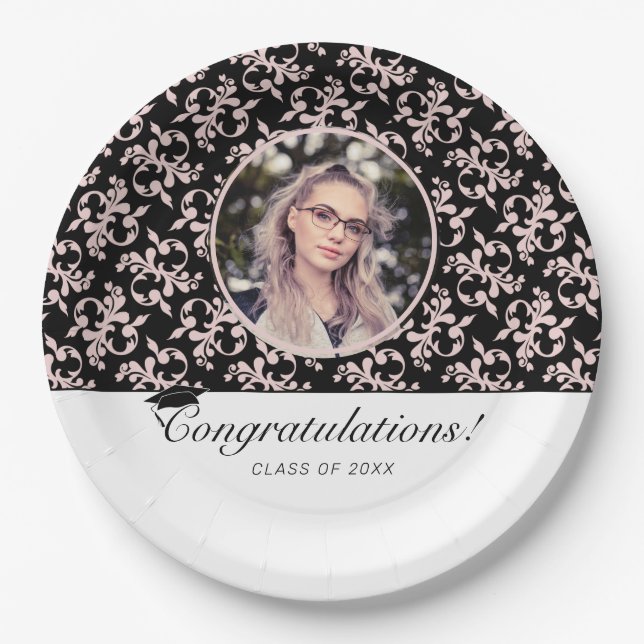 Assiettes En Carton Rococo Pink Black Graduate Photo Graduate (Devant)