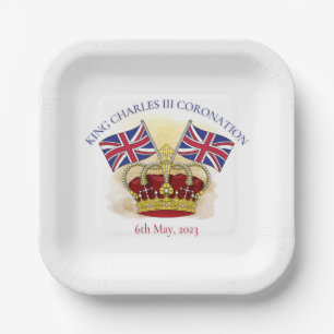 Assiettes En Carton Roi Charles III Couronne de couronnement et drapea