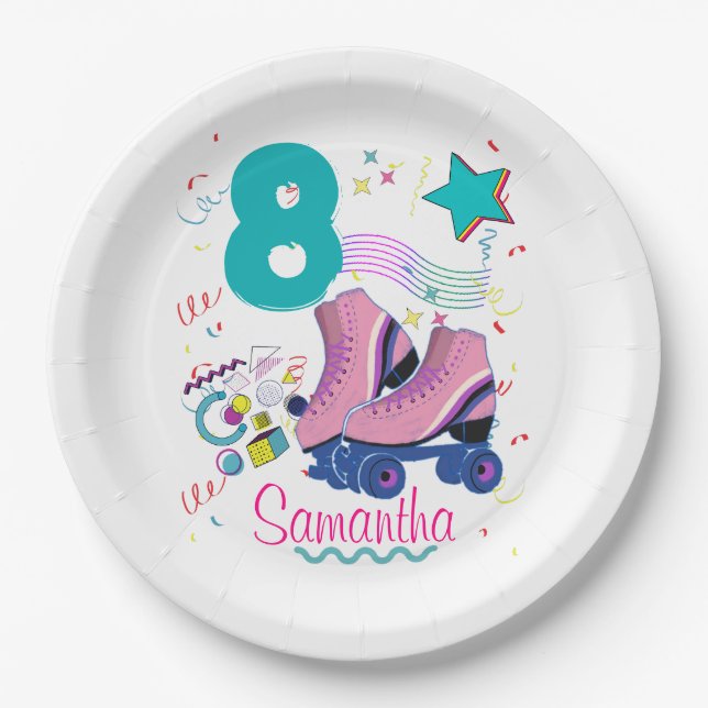 Assiettes En Carton Roller Skate Anniversaire Fille Retro Patinage (Devant)