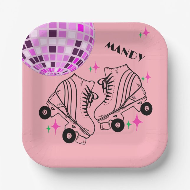 Assiettes En Carton Roller Skates Derby Patinage rose Disco Anniversai (Recto)