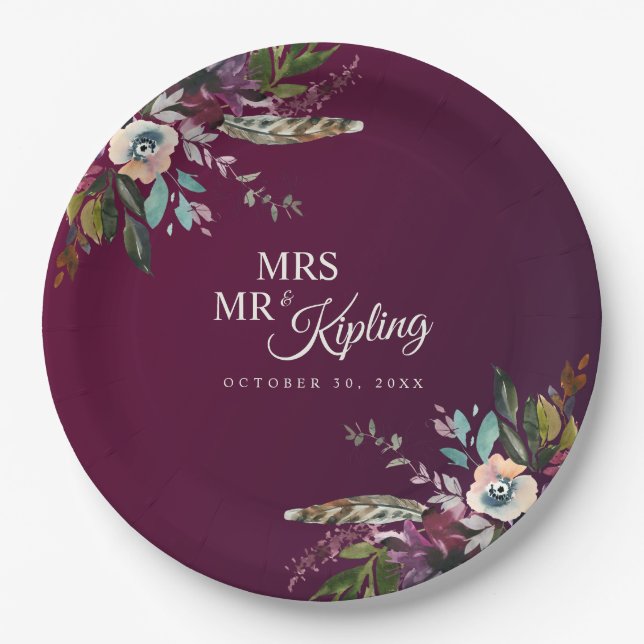 Assiettes En Carton Romantic Bourgogne Floral Mr & Mrs Mariage (Devant)