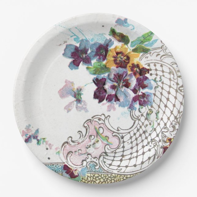 Assiettes En Carton ROMANTICA Bleu rose Bleu Mariage Floral (Devant)