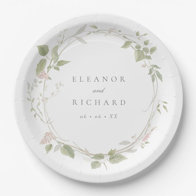 Assiettes En Carton Romantique Blush & Green Floral Wreath Mariage (Devant)