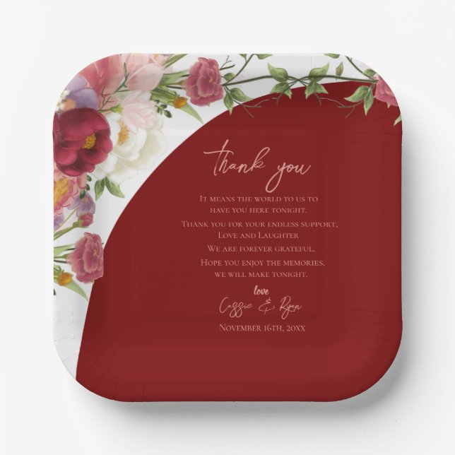 Assiettes En Carton Romantique Bourgogne Floral Mariage Message (Recto)