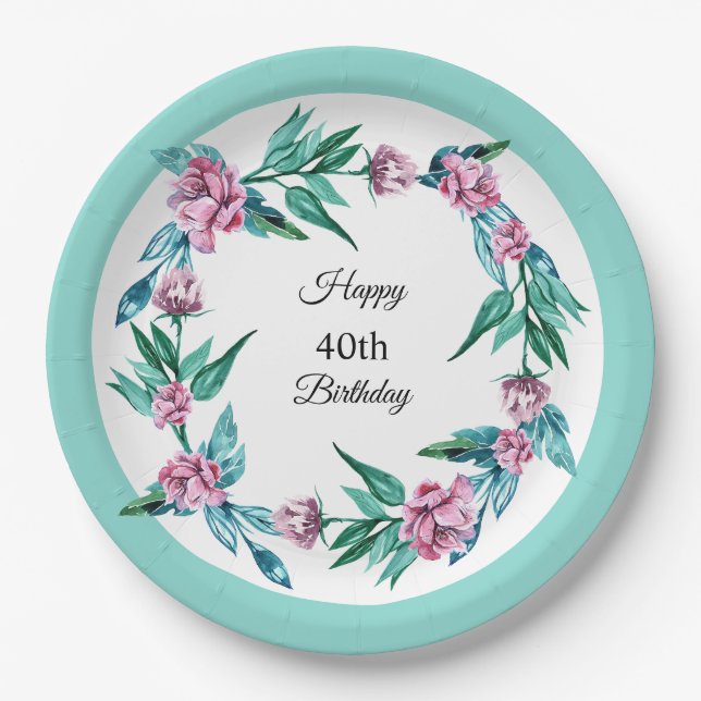 Assiettes En Carton Romantique Feminine Floral 40e anniversaire (Devant)