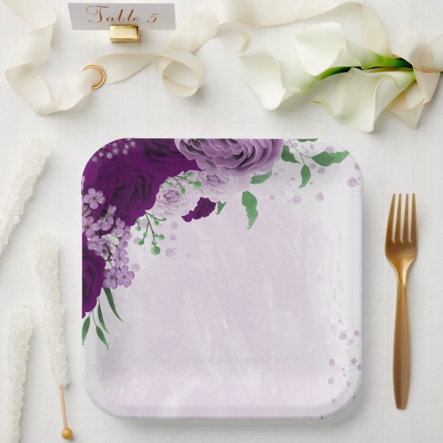 Assiettes En Carton Romantique fleurs violet vert mariage (Mariage)