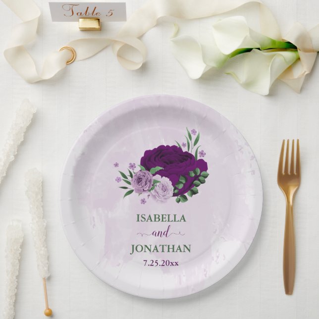 Assiettes En Carton Romantique fleurs violet vert mariage (Mariage)