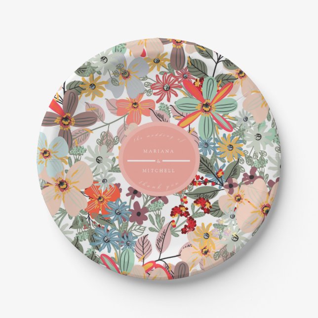 Assiettes En Carton Romantique Floral doux rose vert pêche classique (Devant)