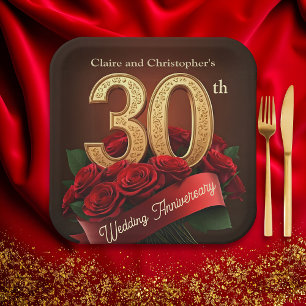 Assiettes En Carton Romantique Red Roses Gold 30e anniversaire Mariage