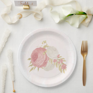 Assiettes En Carton Romantique rose & fleurs blanches or