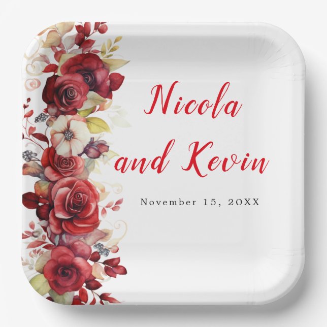Assiettes En Carton Romantique Roses Rouges Mariage Floral (Recto)