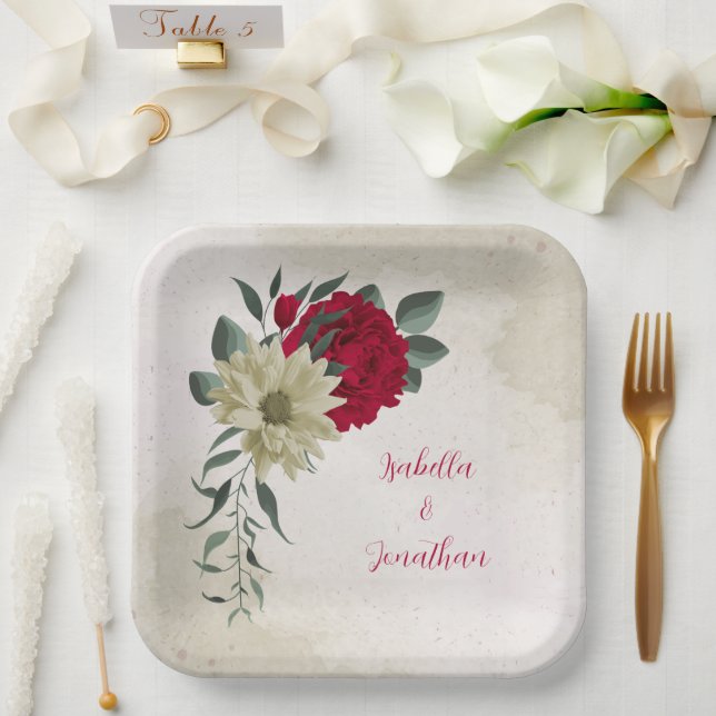 Assiettes En Carton romantique rouge & fleurs jaune pâle (Mariage)