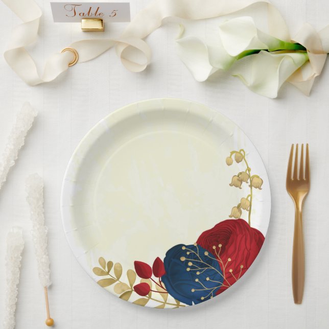 Assiettes En Carton Romantique rouge foncé & bleu marine fleurs or (Mariage)